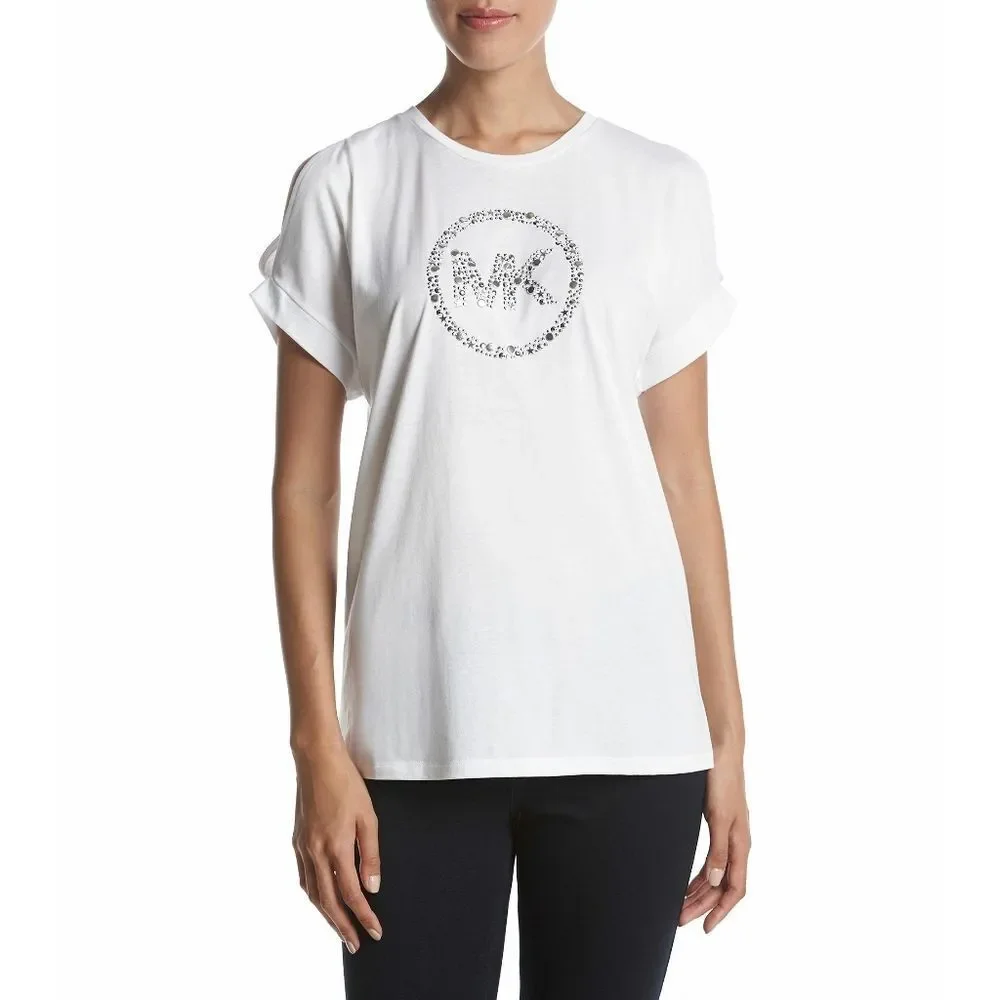 New! MICHAEL KORS Women's MK Circle Logo Cold-Shoulder Top Blouse Color White